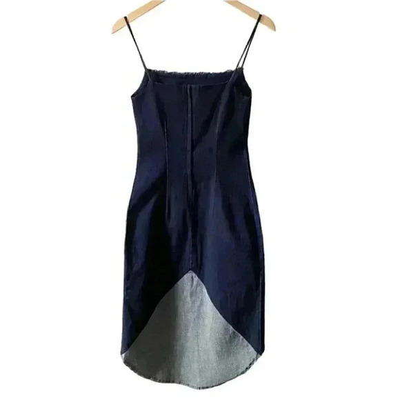 Le Chateau Denim Slip Dress Bodycon Stretch Blue High Low Size Small NWT - Picture 2 of 15